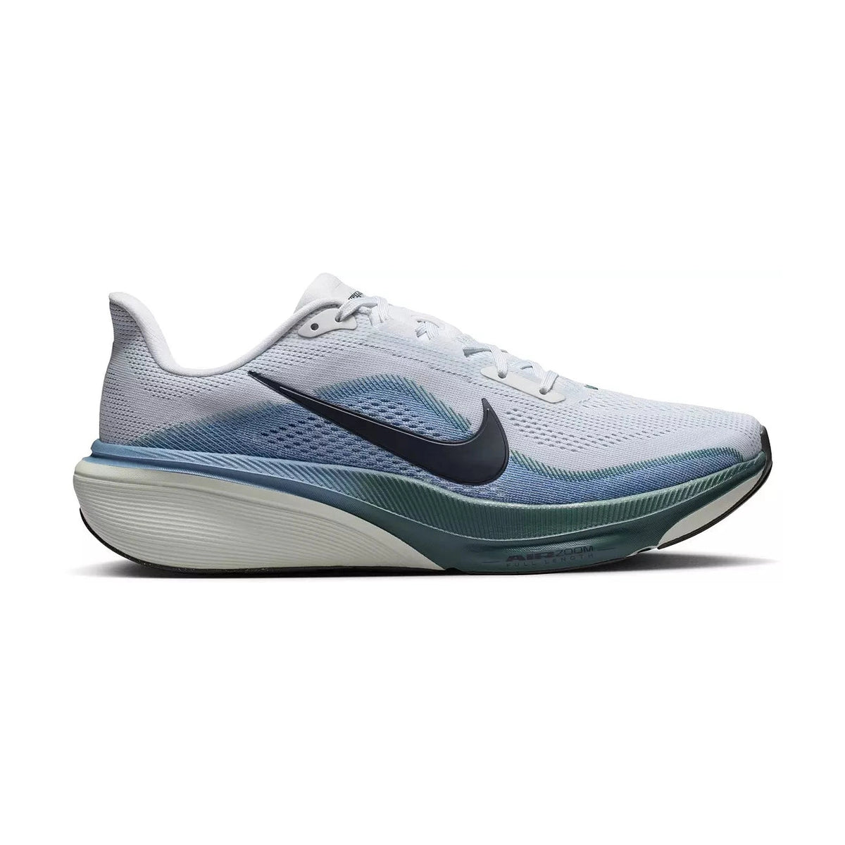 A Pegasus 42 – Men's running shoe in white, light blue, and teal with a black Swoosh logo, shown from a side profile view on a white background.