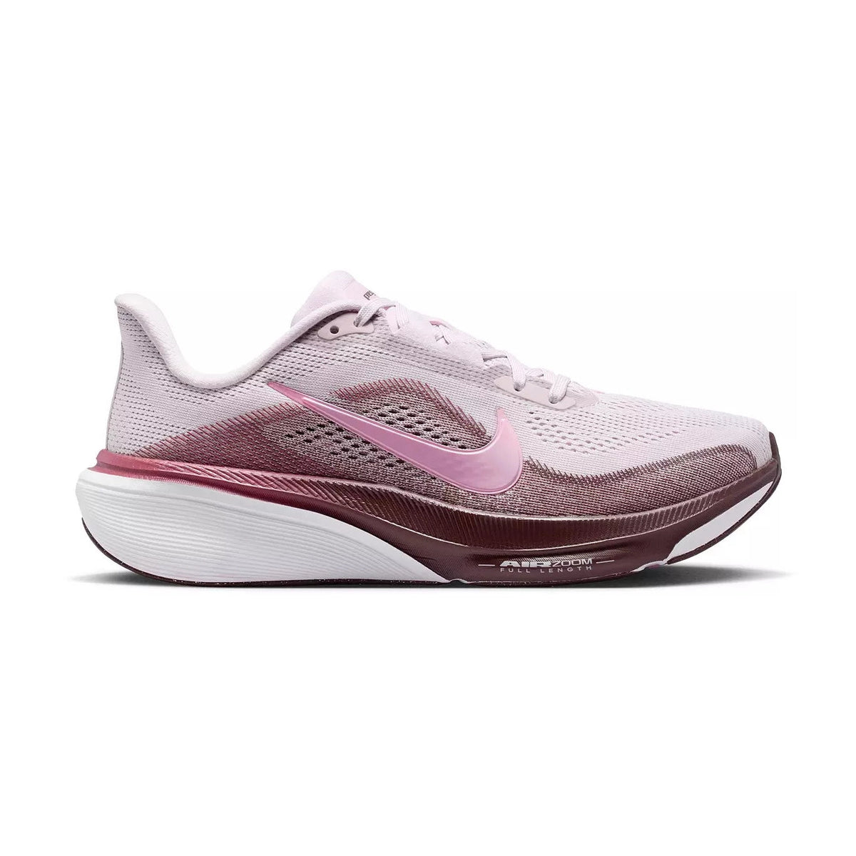 A Pegasus 42 – Women's running shoe in light pink and white with a darker pink gradient midsole and a pink Swoosh logo, shown from a side profile on a white background.