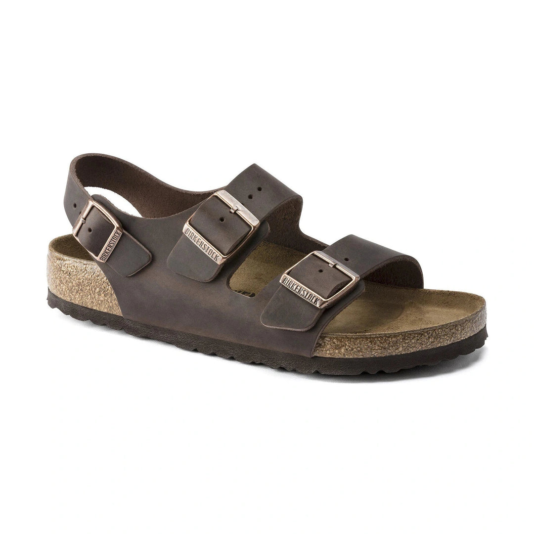 Brown Birkenstock Milano Soft Footbed sandal with cork sole on a white background