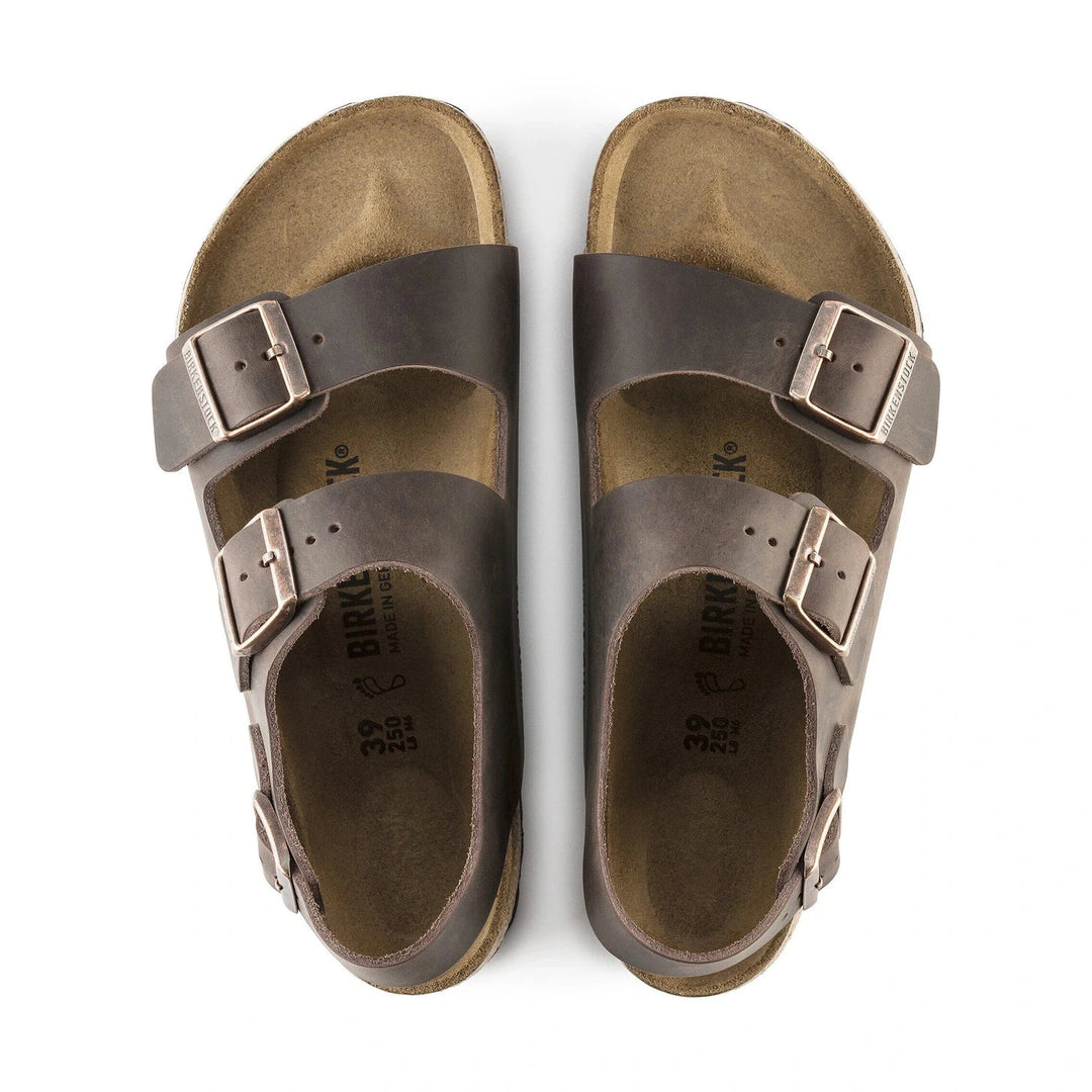 Pair of brown Birkenstock Milano Soft Footbed sandals with buckles on a white background