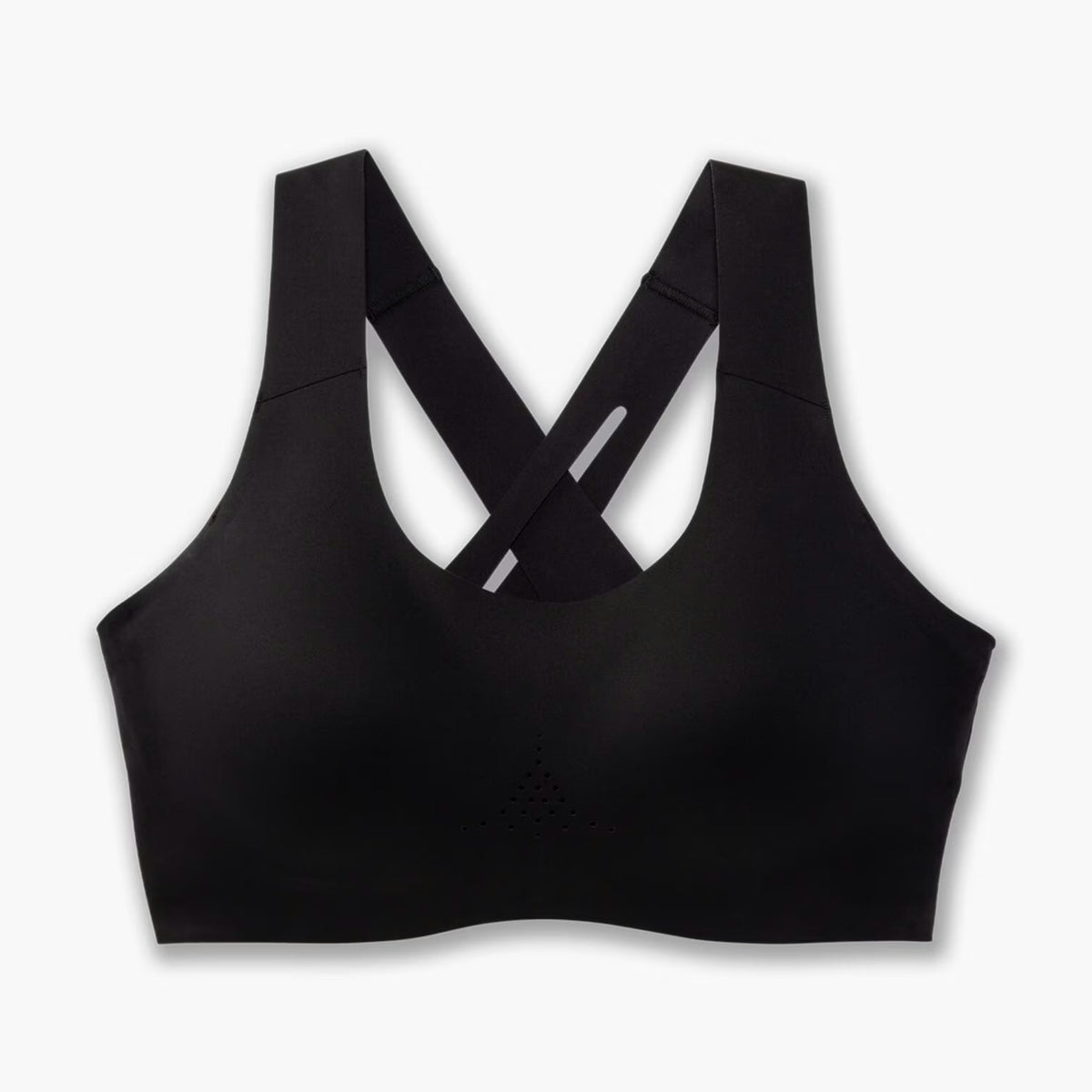 A black Brooks Dare Crossback Bra 2.0 sports bra with wide shoulder straps and a crisscross back strap design, shown against a plain white background.