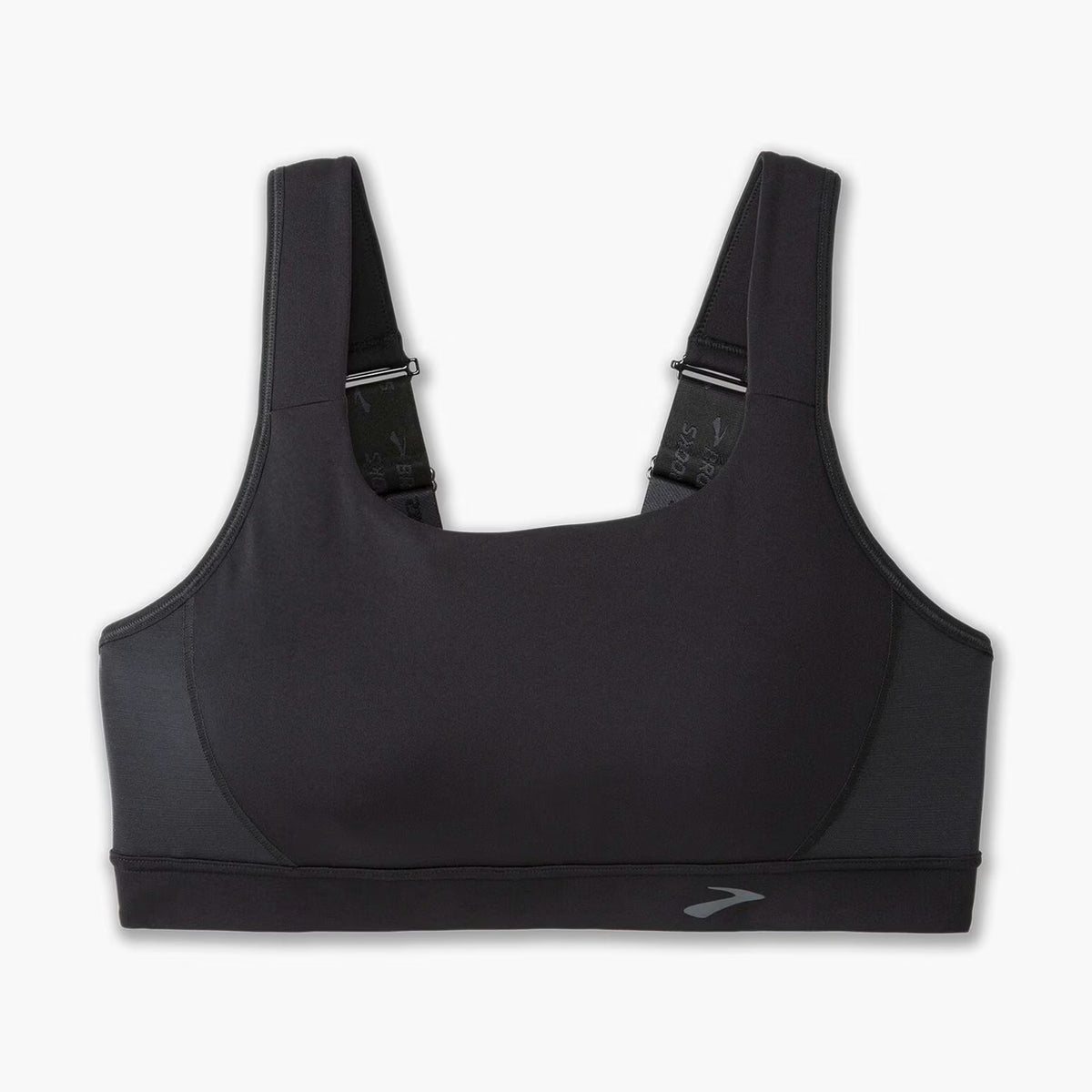 A black Brooks Drive Convertible sports bra with wide shoulder straps and an adjustable buckle, shown flat against a light gray background.