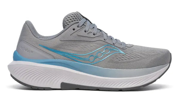Gray Sauconey Echelon 10running shoe with blue accents on a white background