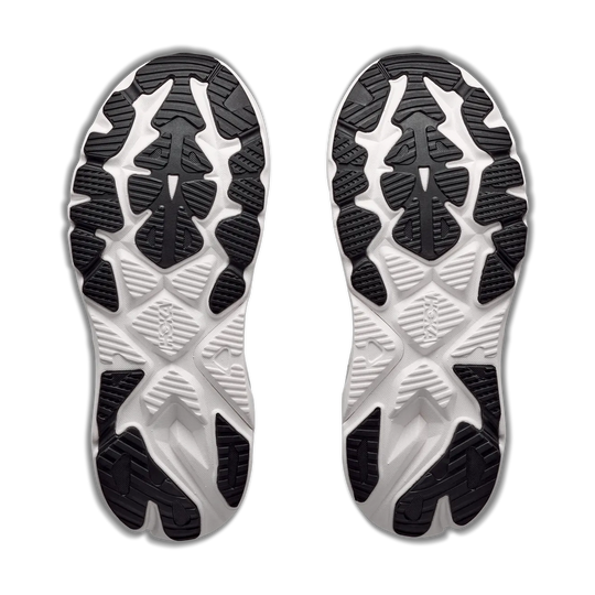 A pair of athletic shoe soles shown from the bottom, featuring a black and white treaded design on a clean white background.