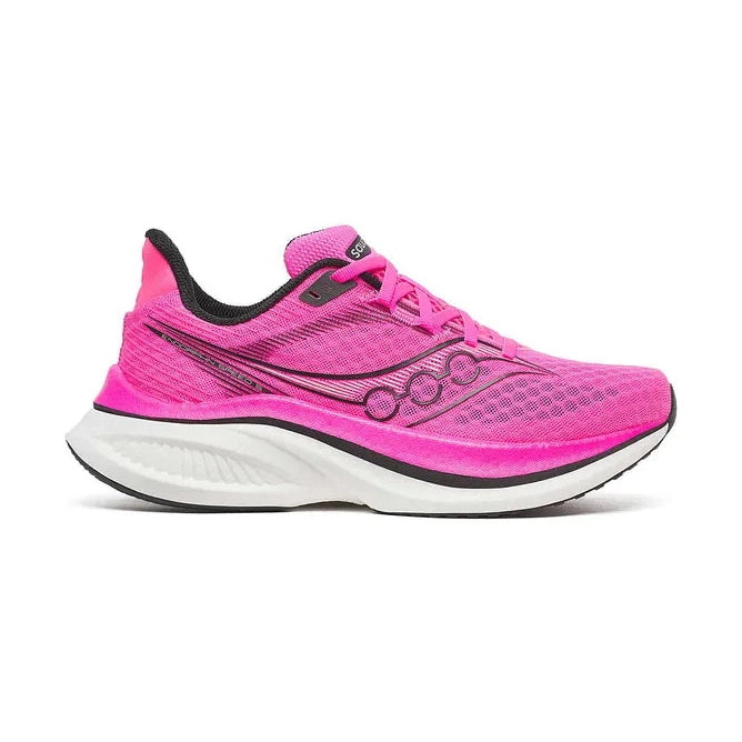 A bright pink Saucony Endorphin Speed 5 – Women's running shoe with black accents and a white midsole, shown in a side profile on a white background.