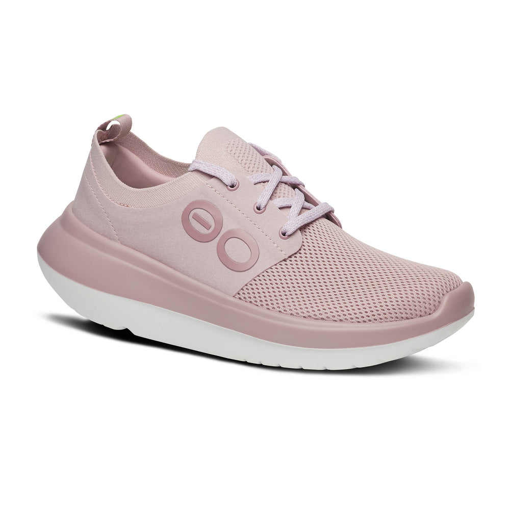 Pink Oomy Stride Shoe – Women's athletic shoe with white sole on a white background