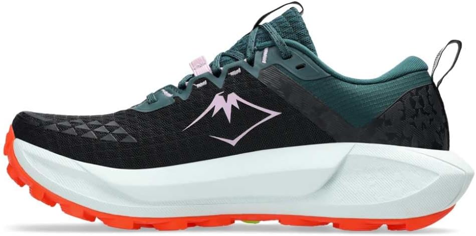A trail running shoe from Asics Gel Trabuco 13, featuring a black and dark teal mesh upper, a white midsole, and a bright orange outsole.