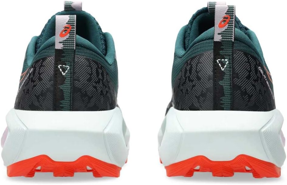 A pair of Gel Trabuco 13 trail running shoes shown from the rear, featuring a dark gray and teal patterned upper, a thick white midsole, and a bright orange outsole.