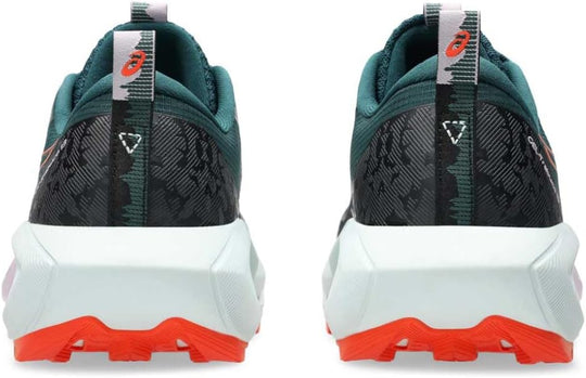 A pair of Gel Trabuco 13 trail running shoes shown from the rear, featuring a dark gray and teal patterned upper, a thick white midsole, and a bright orange outsole.