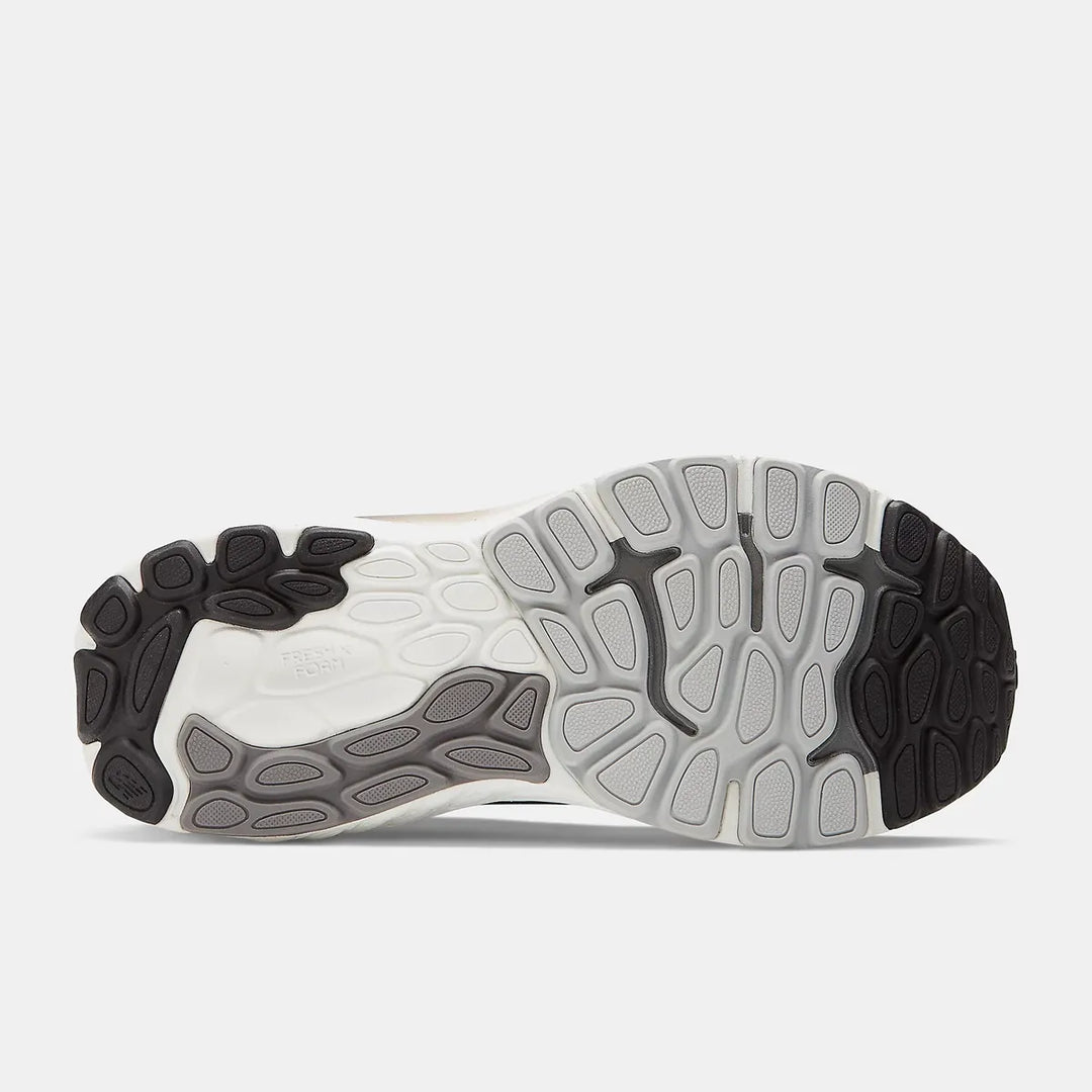 The outsole of a running shoe shown from a top-down view, featuring a white, gray, and black tread pattern on a light gray background.