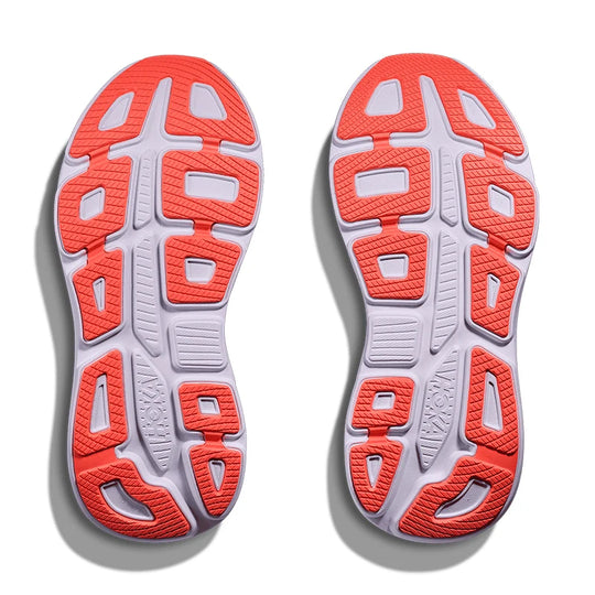 A pair of athletic shoe soles shown from above on a white background, featuring a bright coral-red and white textured tread pattern.
