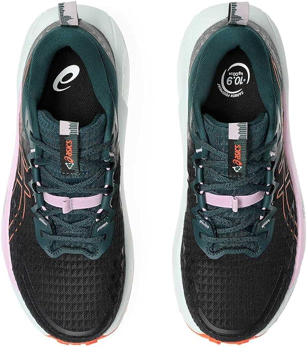 A pair of Asics Gel Trabuco 13 running shoes shown from a top-down view, featuring a black mesh upper with dark teal overlays, light purple laces, and a white midsole with a pink and orange outsole.