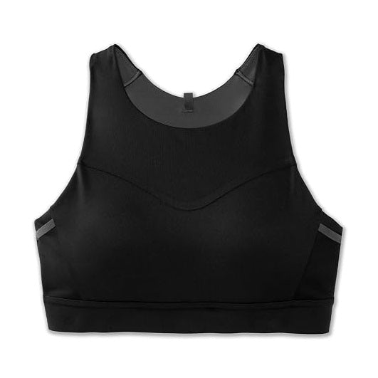 A black Brooks 3 Pocket athletic sports bra with a wide scoop neckline, ribbed underband, and subtle gray accent panels on the sides, shown against a plain white background.