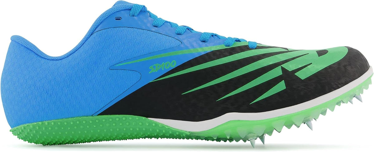 Blue and green New Balance Sd100 V4 – Men's running shoe with spikes on a white background