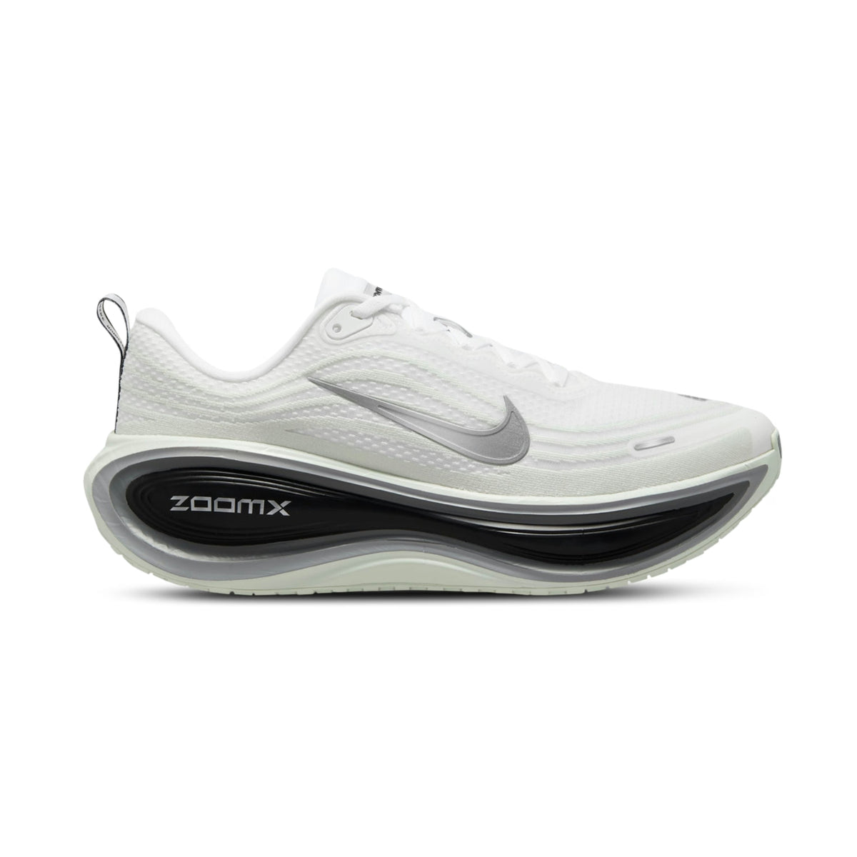 A white Nike Vomero Plus RR - Men's running shoe with a textured mesh upper, a metallic silver Swoosh, and a thick black and white ZoomX cushioned midsole, shown from a side profile on a white background.