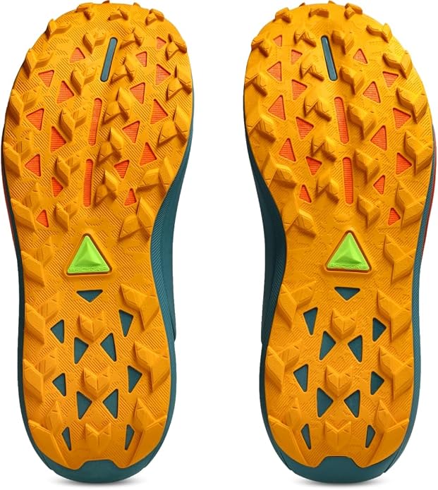 A pair of Gel Trabuco 13 hiking shoe soles shown from the bottom, featuring a bright orange tread pattern with red and green accents and dark teal edges.