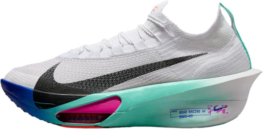 A Nike Alphafly 3 – Men’s – White/black-hyper Turq-concord running shoe with a white Flyknit upper, a black Swoosh, and a translucent teal and blue midsole with a pink air pocket, shown on a white background.
