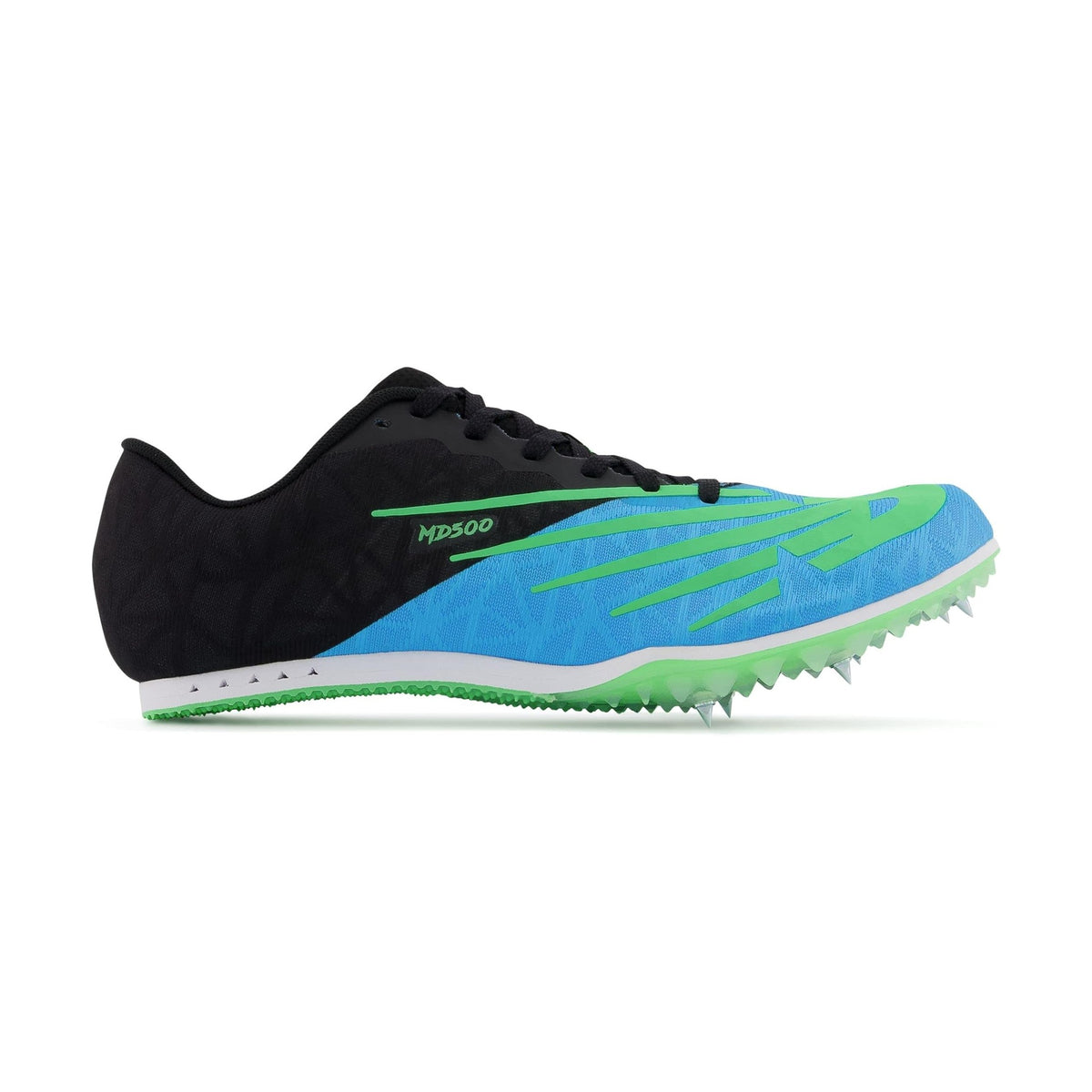 A New Balance Md500 V 8 – Men's track shoe with a black upper, bright blue and green patterned midfoot, and a green spiked outsole, shown against a white background.