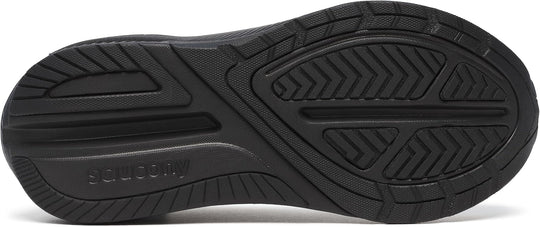 Close-up of the black rubber outsole of a shoe, showing tread patterns and the embossed brand name &