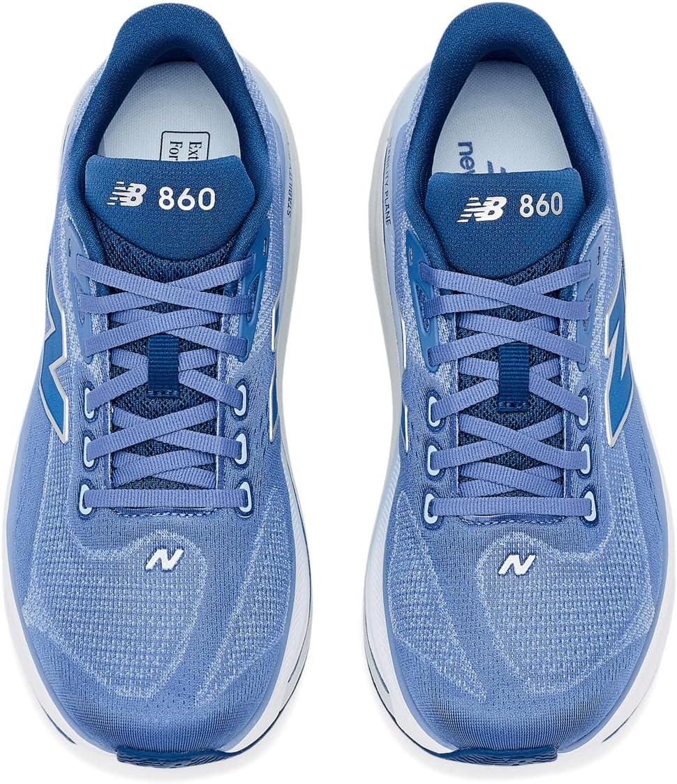 A pair of New Balance Fresh Foam X 860 V15 – Women's sneakers in light blue and navy blue, shown from a top-down view on a white background.