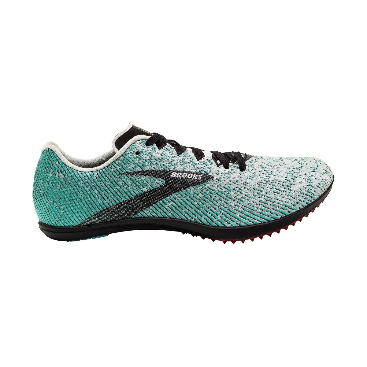 Brooks Mach 19 – Women's track shoe in a speckled mint green and white knit upper with a black logo and black spikes, shown in a side profile on a white background.