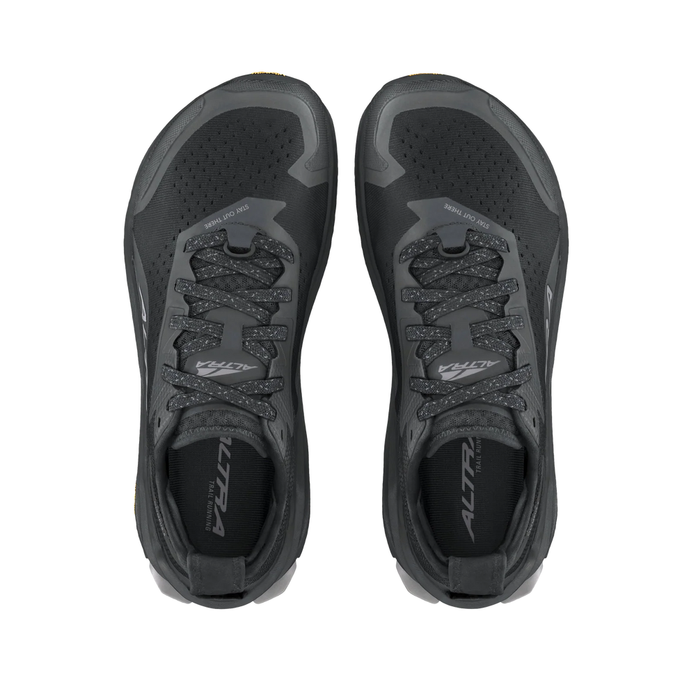 Olympus 6 a men's pair of dark gray and black Altra Ultra running shoes shown from a top-down view on a solid white background.