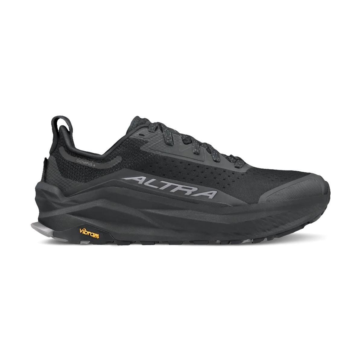 Olympus 6 a men's black Altra trail running shoe with a thick black midsole, gray Altra branding on the side, and a small yellow Vibram logo on the outsole, shown against a plain white background.