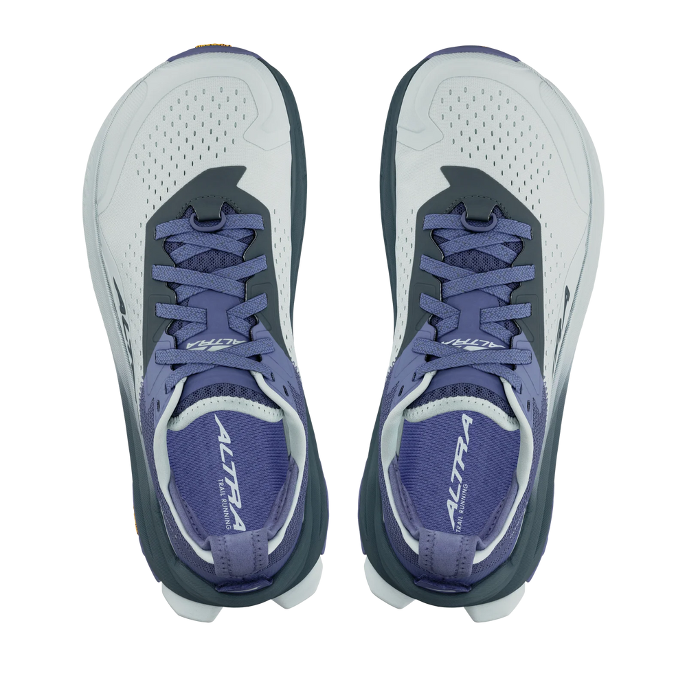 Olympus 6 a women's top-down view of a pair of Altra running shoes in white, purple, and dark gray, showing the upper and heel details.