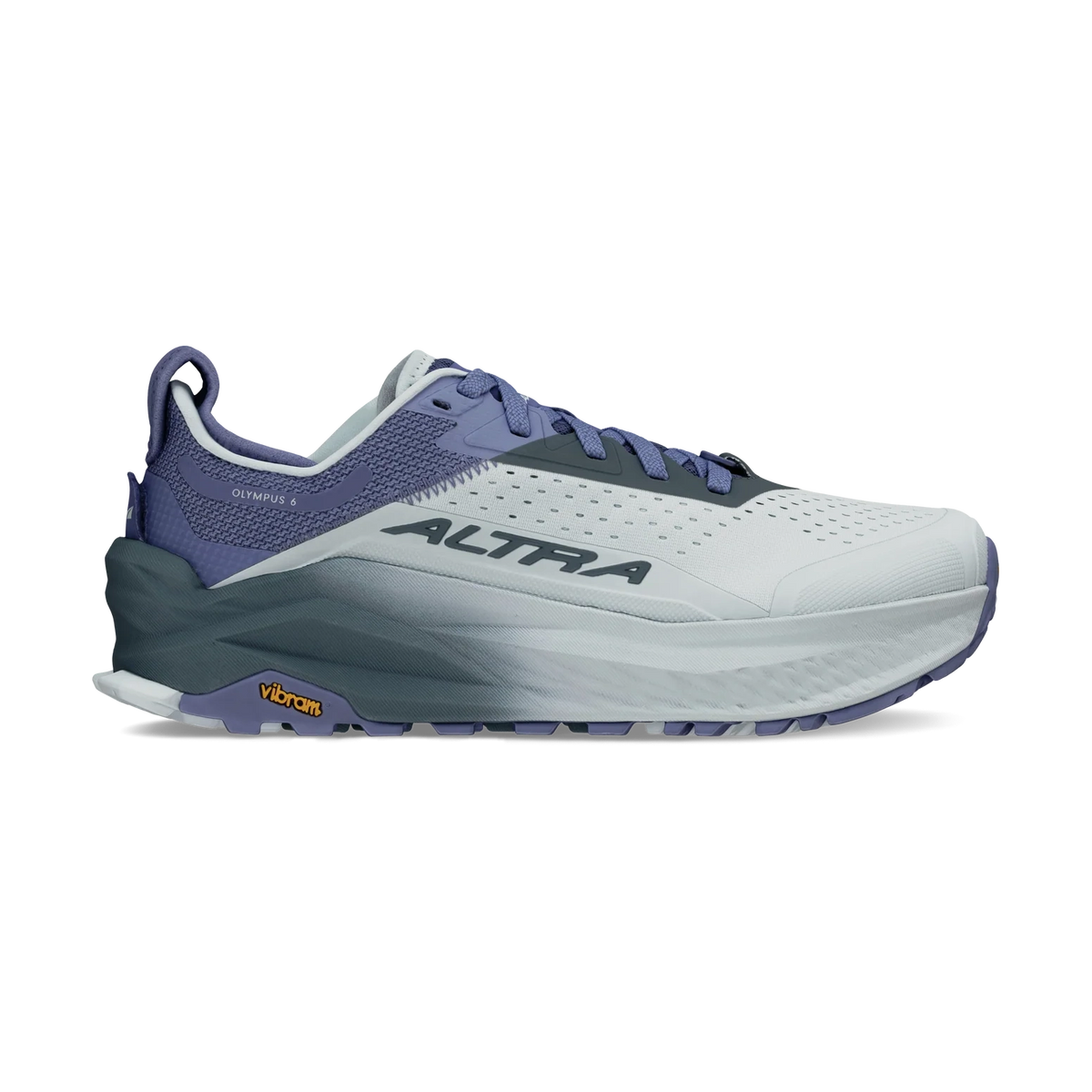 Olympus 6 a women's Altra running shoe shown in a side profile view against a solid white background. The shoe features a light gray and white upper with a dark slate gray and lavender-purple midsole and heel counter, and a small yellow Vibram logo on the heel.