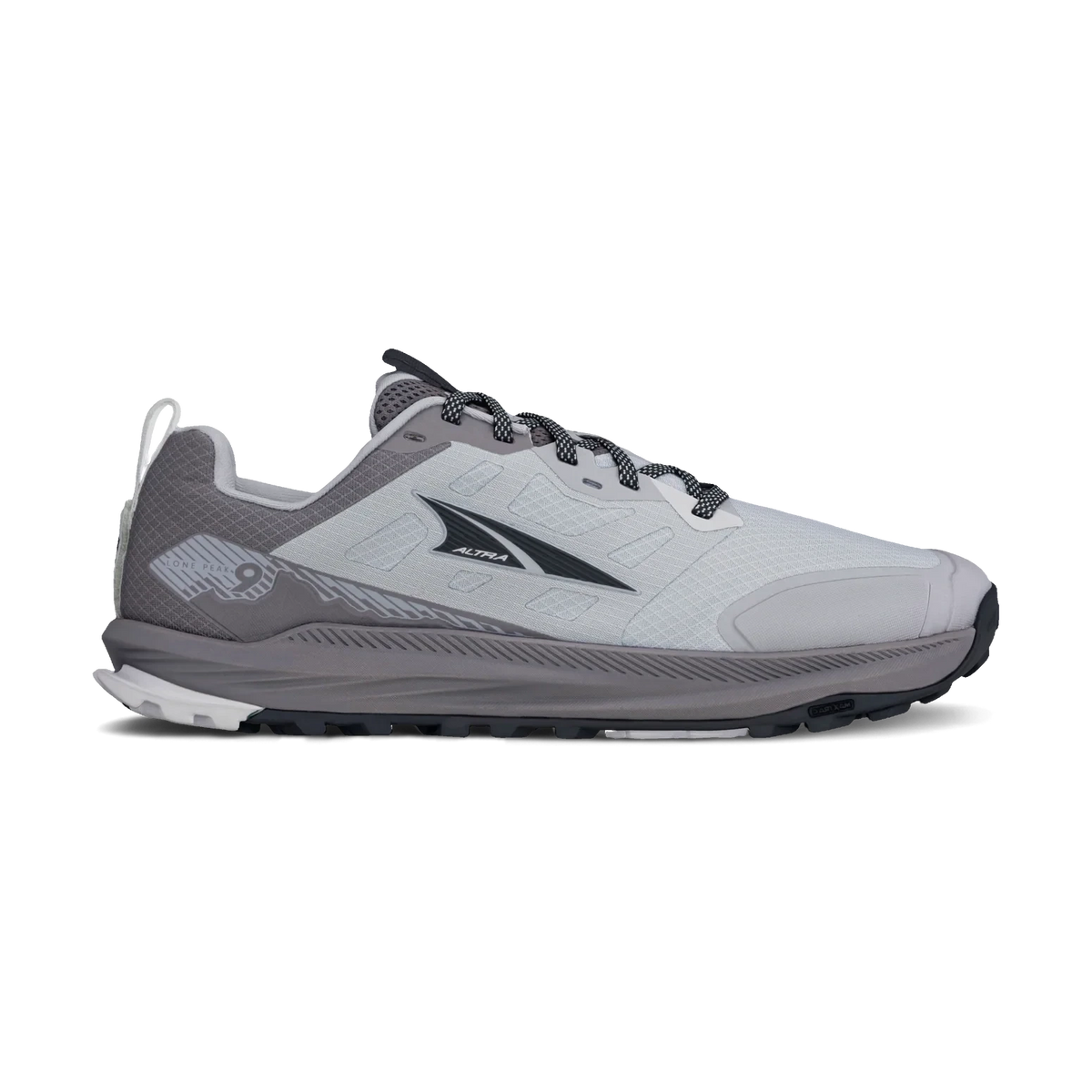 Lone Peak 9 a men's  light gray and dark gray Altra running shoe shown from the side profile on a white background.