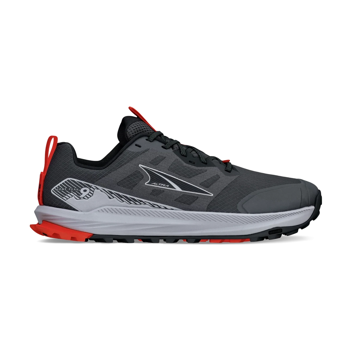 Lone Peak 9 a men's Altra running shoe in dark gray and black with bright red accents on the heel, pull tabs, and midsole, shown from a side profile view on a white background.
