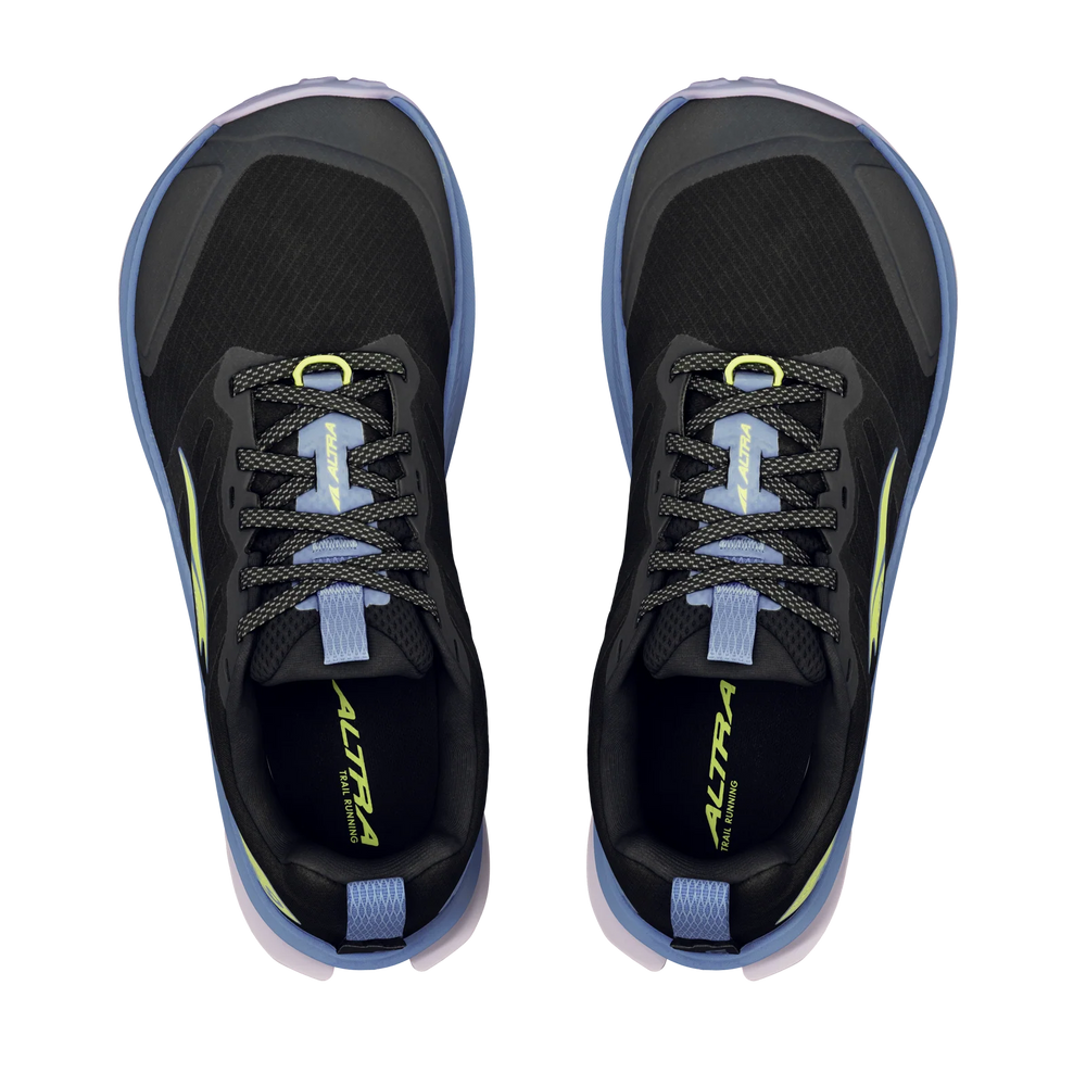 Lone Peak 9 a women's pair of black athletic sneakers shown from a top-down view on a white background. The shoes feature light blue accents on the laces, pull tabs, and midsole, with lime green branding text on the tongue and heel.