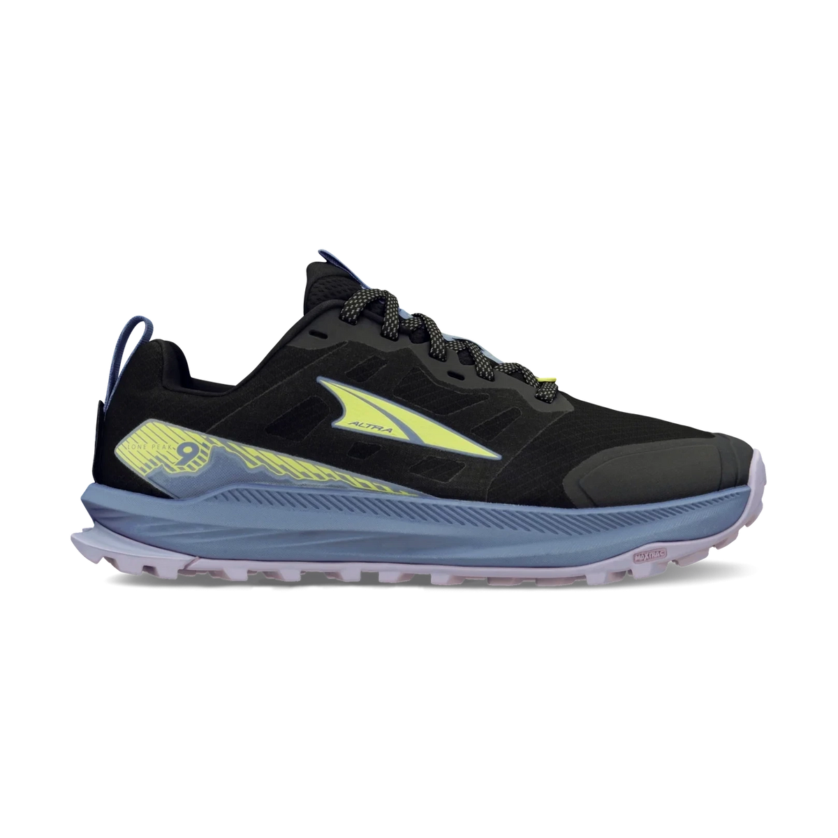 Lone Peak 9 a women's black Altra trail running shoe with a light blue midsole, lime green logo accents, and a light purple outsole, shown from a side profile on a white background.