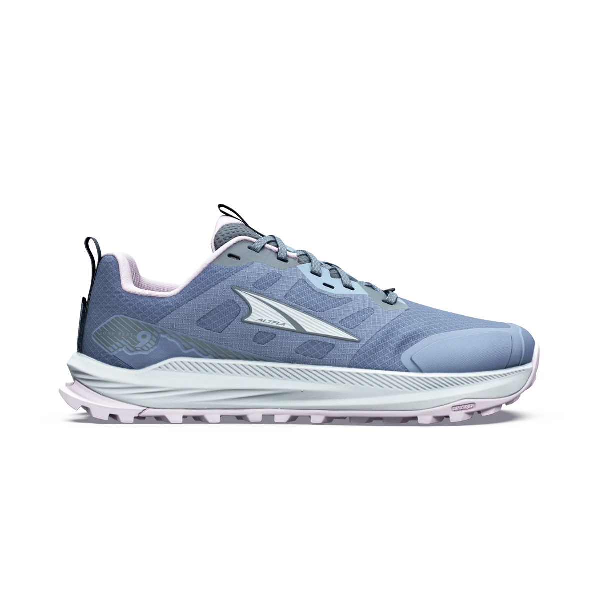 Lone Peak 9 a women's white Altra sneaker with gray accents on a black background.