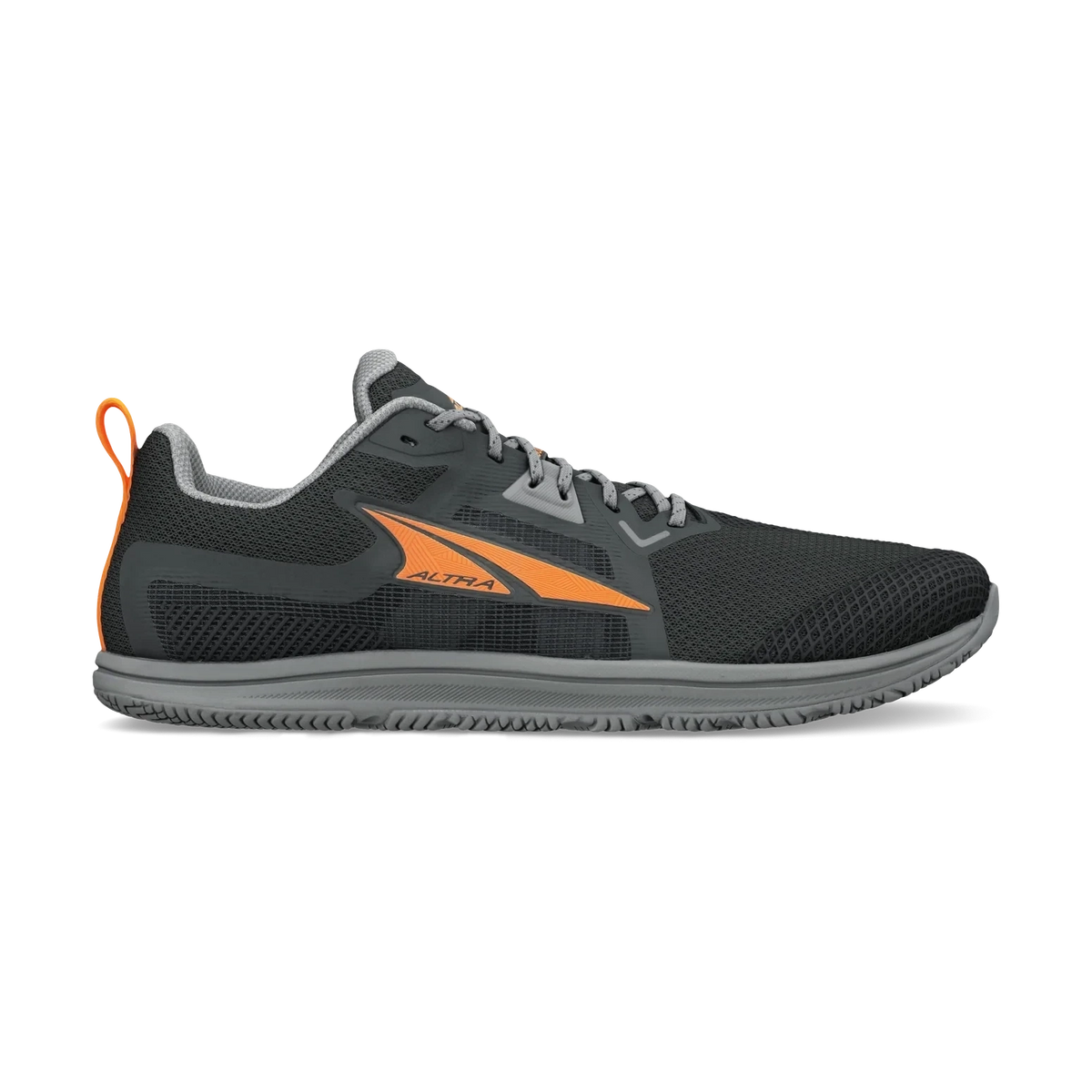 Solstice XT 3 a men's black and gray athletic shoe with a bright orange logo and heel pull tab, shown from the side on a white background.