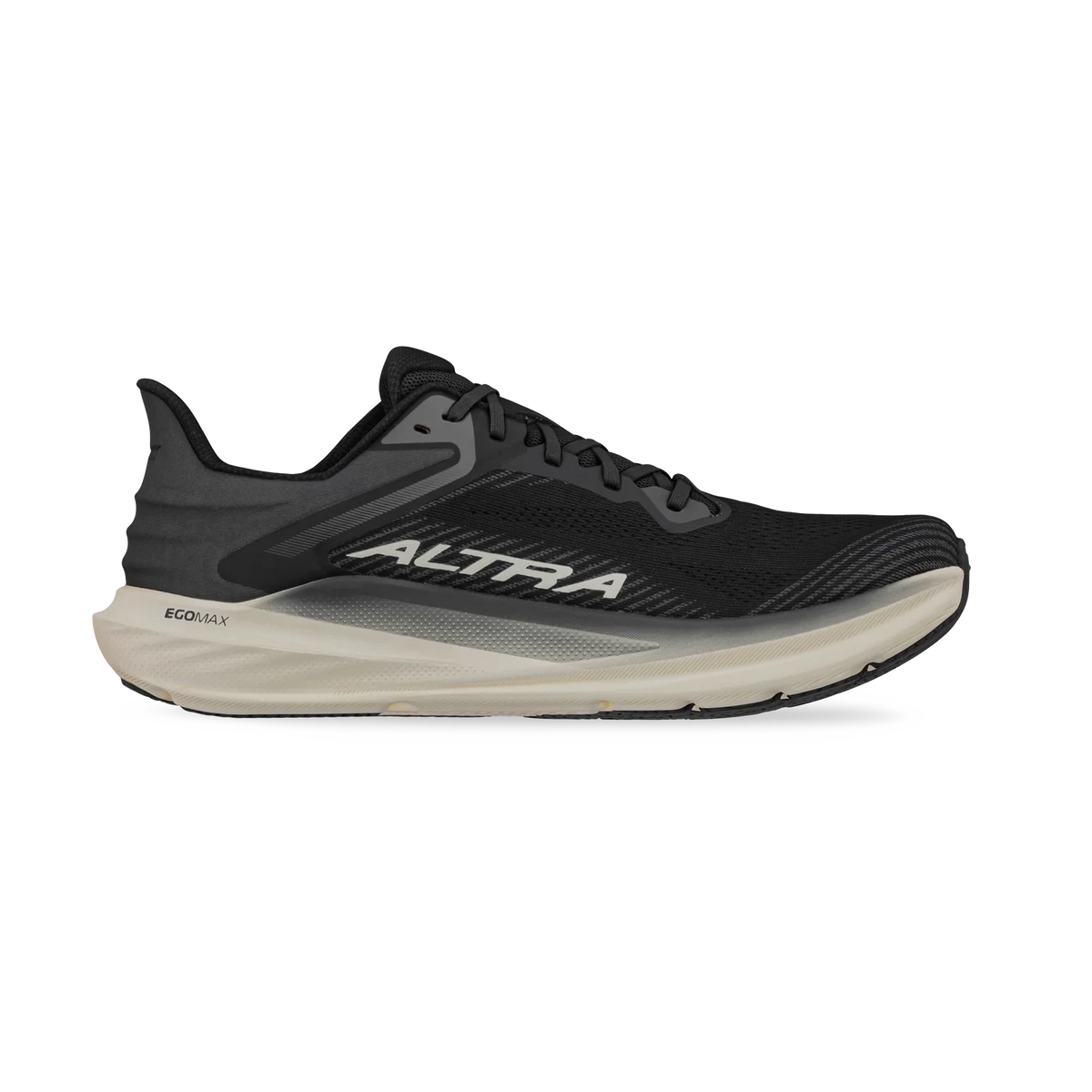 Torin 8 a men's black and dark gray running shoe with a thick beige midsole, featuring the brand name 'ALTRA' on the side, shown against a plain white background.