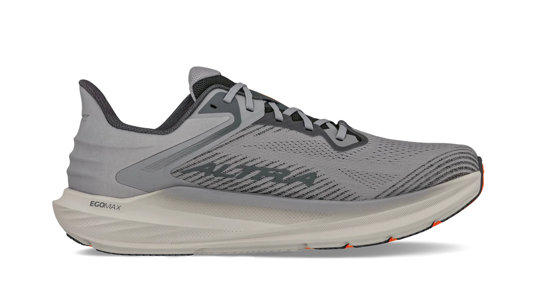 Gray running shoe with visible brand logo on a white background