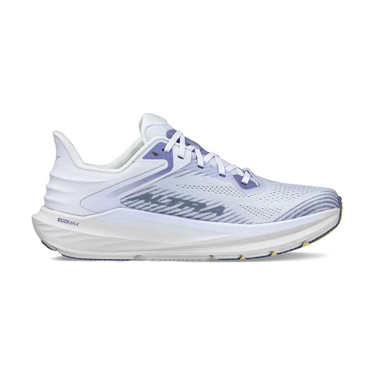 Torin 8 a women's white and light purple running shoe shown from the side against a solid white background. The shoe features a white mesh upper with light purple overlays, white laces, and a thick white midsole with 'Altra' printed on the heel.