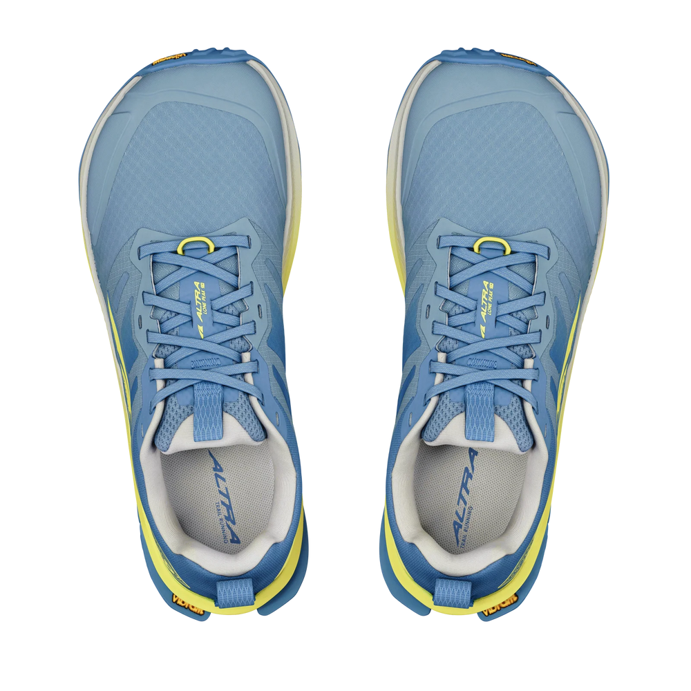 Lone Peak 9+ a women's blue running shoes with yellow accents on a white background.