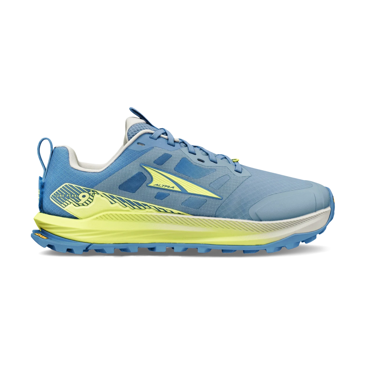 Lone Peak 9+ a women's Altra running shoe shown in profile against a solid white background. The shoe features a light blue mesh upper with a bright yellow-green logo and graphic accents, a thick yellow-green midsole, and a blue outsole.