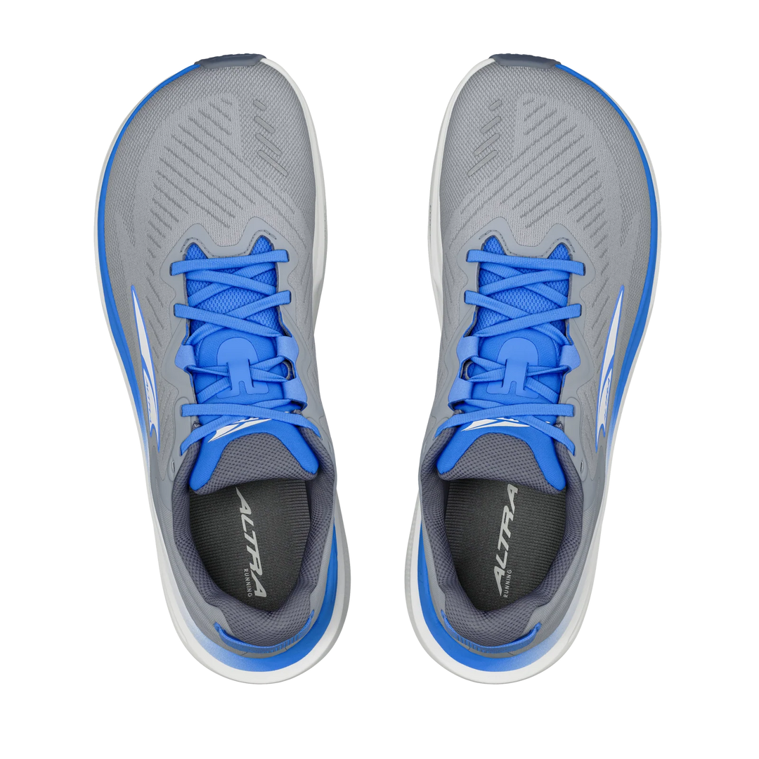 Gray Altra Paradigm 8 running shoes with blue laces on a white background