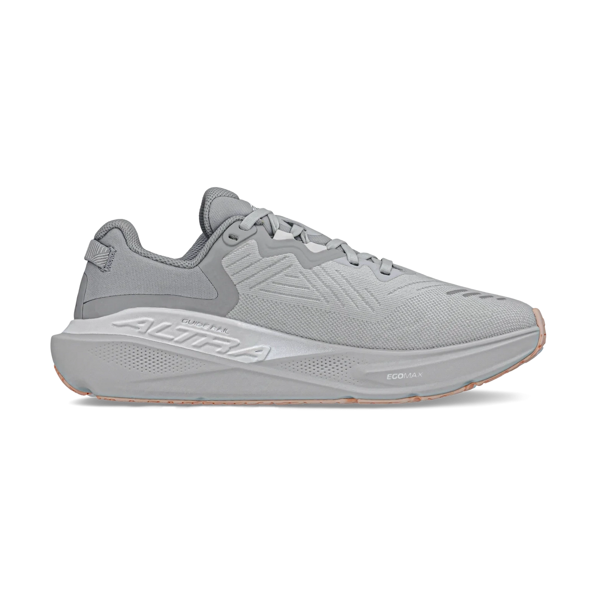 Paradigm 8 a women'shite sneaker with a gray swoosh logo on a white background.
