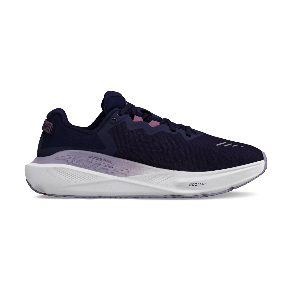 Paradigm 8 a women's dark navy blue running shoe with a thick white cushioned midsole and subtle pink accents, shown in a side profile on a clean white background.