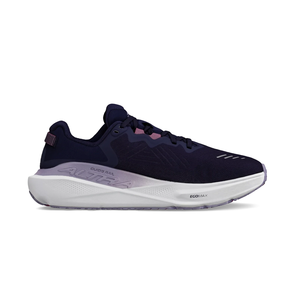 Paradigm 8 a women's dark navy blue running shoe with a thick white cushioned midsole and subtle pink accents, shown in a side profile on a clean white background.