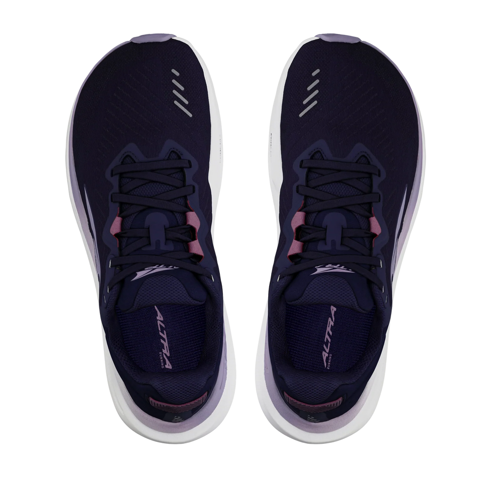 Paradigm 8 a women's pair of dark navy running shoes with white midsoles and pink accents, shown from a top-down view on a white background.