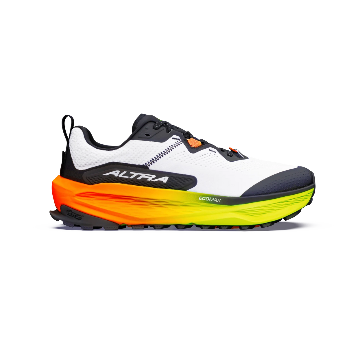 Olympus 7 a Men's single ALTRA running shoe shown in a side profile on a clean white background. The shoe features a white mesh upper, a black midfoot cage with the ALTRA logo, a thick midsole with a vibrant orange-to-yellow gradient, and a black outsole.
