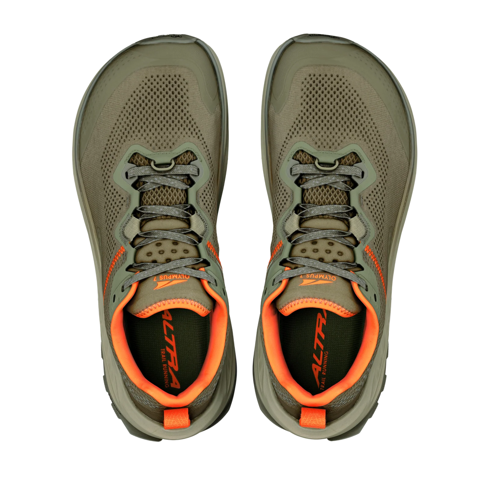 Olympus 7 a Men's pair of Altra running shoes shown from a top-down view. The shoes feature an olive green mesh upper with gray laces, a gray outsole, and bright orange accents on the collar lining and tongue.