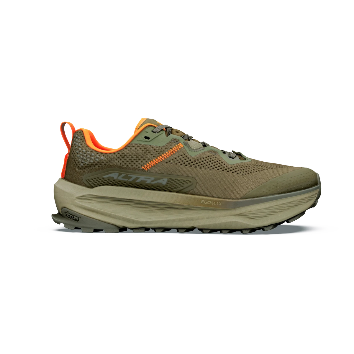 Olympus 7 a Men's single trail running shoe in olive green and beige with bright orange accents, shown in a side profile on a white background. The shoe features a breathable mesh upper, a thick cushioned midsole, and a rugged outsole.