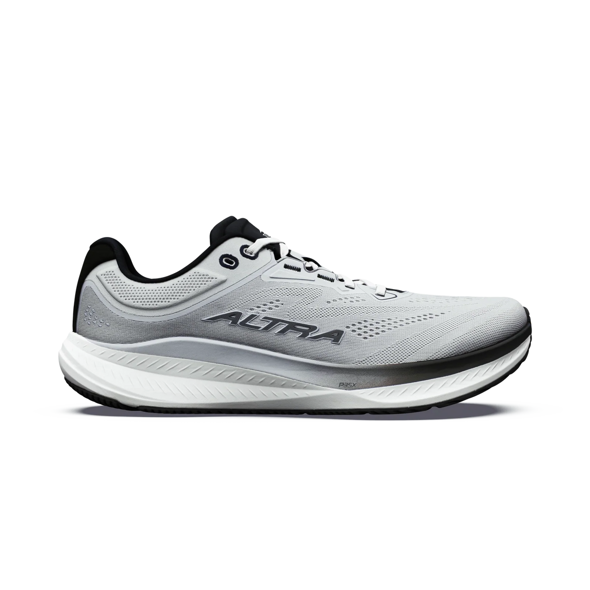 Torin 9 a men's light gray and white Altra running shoe with black accents, shown in a side profile view against a plain white background.