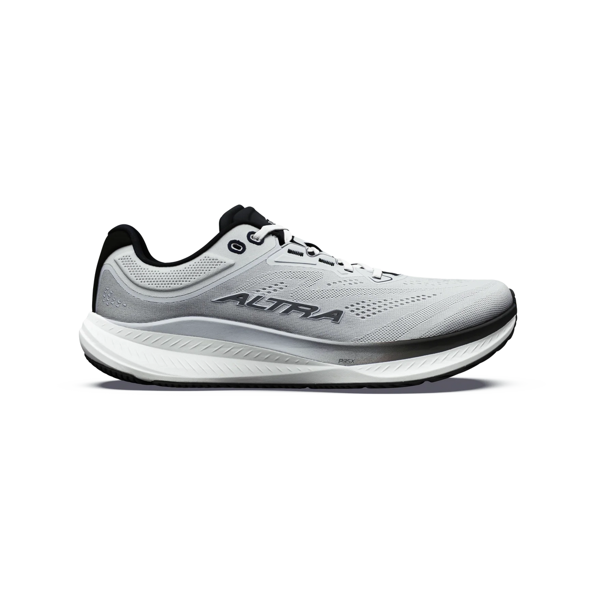 Torin 9 a men's light gray and white Altra running shoe with black accents, shown in a side profile view against a plain white background.